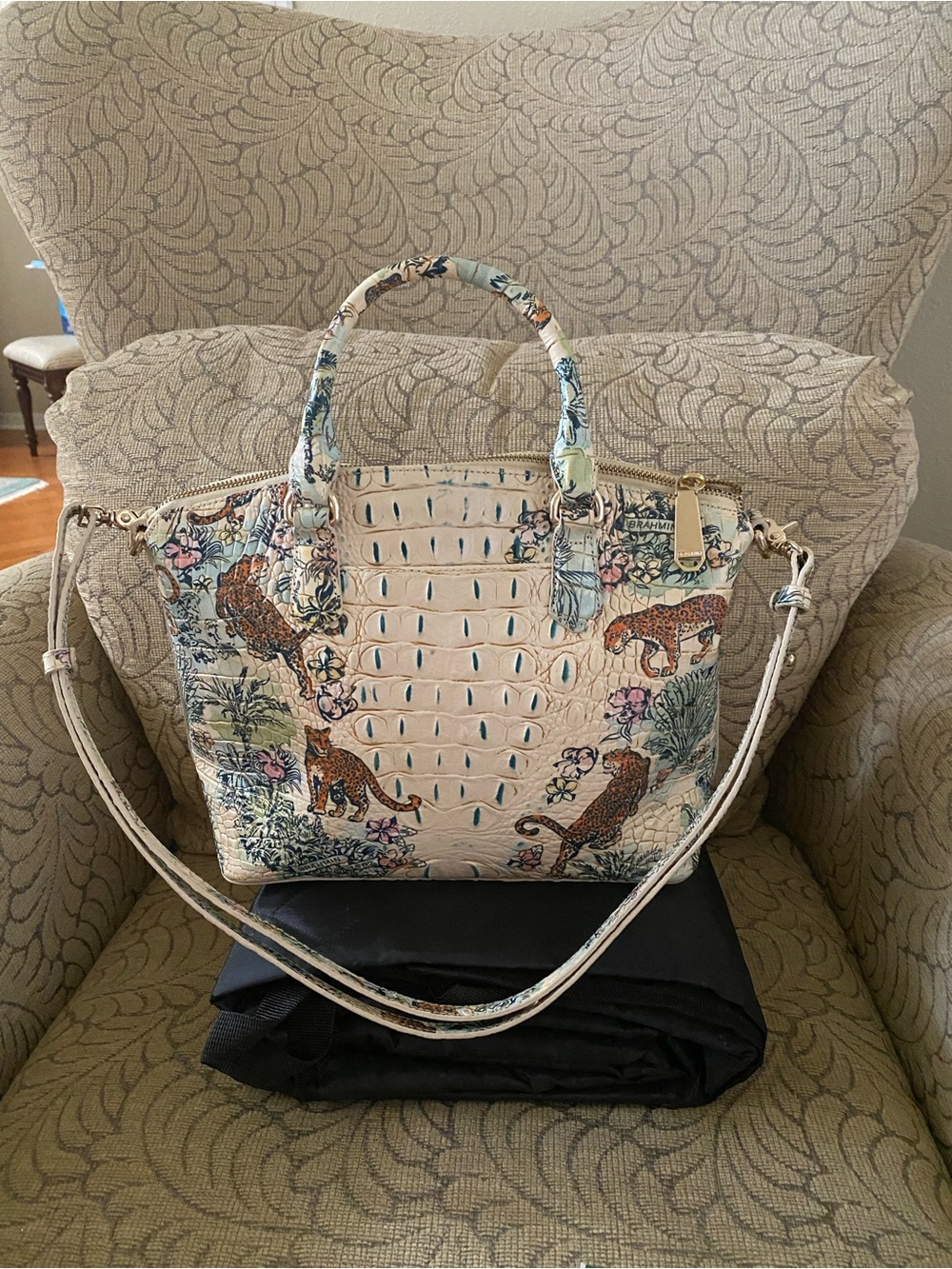 Brahmin Cream Croc-Embossed Satchel with Floral & Leopard Motif